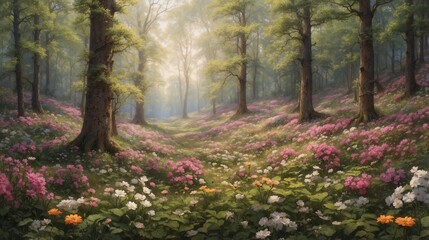 Obraz premium A dense forest in the heart of spring, alive with blooming flowers and the vibrant green of new leaves.