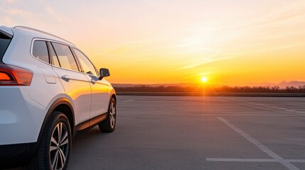 Fototapeta premium A modern white SUV parked on an empty lot during a vibrant sunset, casting warm hues on the landscape and highlighting its sleek design.