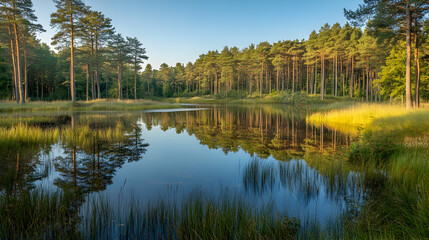 Calm forest lake sunset reflection nature peace