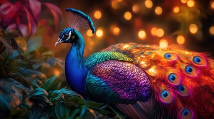 A hybrid peacock with iridescent metallic feathers that change color with moving lights, roaming a futuristic garden