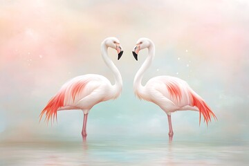 Elegant flamingos displaying affection in serene waters captured artistic photography
