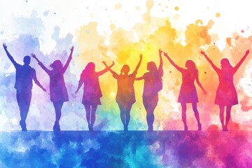 A vibrant, colorful silhouette of people celebrating with raised arms against a watercolor background.
