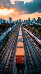 A freight train loaded with containers traveling through a city.