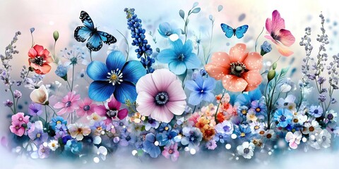 A captivating array of various flowers blooms under soft light, complemented by delicate butterflies, creating a enchanting atmosphere for special occasions