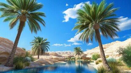 Fototapeta premium Serene Oasis with Palm Trees Under Bright Blue Sky in Desert Landscape