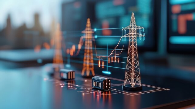 A modern digital representation of power grids with electric towers and graphs, showcasing the evolution of energy management and smart technology.