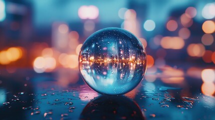 A mesmerizing glass orb captures reflections of vibrant city lights, creating a stunning visual that blends reality with artistic imagination.