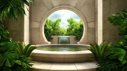 Fototapeta premium Serenity in Nature with Tranquil Waterfall and Lush Green Foliage