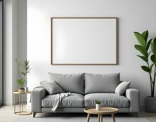 A modern living room featuring a gray sofa with several cushions, a round coffee table in front, and a blank framed picture hanging on the wall. The background includes a plant in a corner