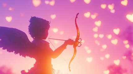 Obraz premium a stylized Cupid silhouette seen from the back, holding a golden bow, against a dreamy pink and purple gradient sky filled with small glowing hearts.