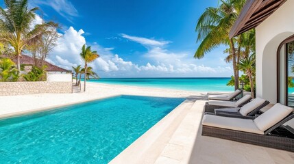 Fototapeta premium Serene Tropical Paradise with Pool and Ocean View in Daylight