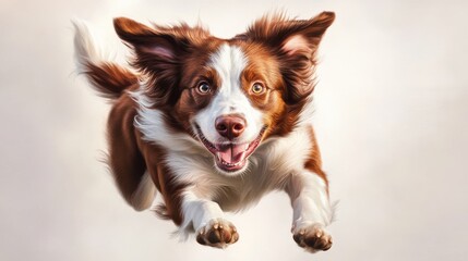 A friendly border collie in mid-jump on a white background, caught in a playful action pose