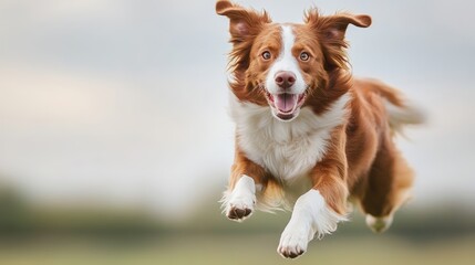 A friendly border collie in mid-jump on a white background, caught in a playful action pose