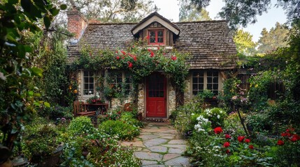 Obraz premium a quaint cottage-style building surrounded by gardens, emphasizing warmth and character