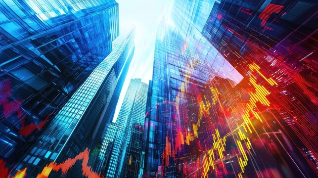A stunning view of modern skyscrapers with dynamic stock market data overlays, capturing the essence of finance and urban architecture.