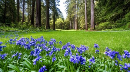 Serene Forest Meadow with Blue Wildflowers and Tall Redwood Trees