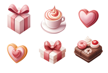 A set of cute, cartoon-style illustrations of Valentine's Day themed objects, including a gift, a heart-shaped cookie, a cappuccino, and a dessert