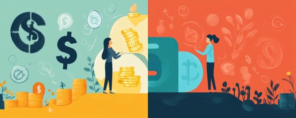 The image contrasts financial themes, showcasing money management and savings, with vibrant colors and illustrations of people interacting with currency and resources.