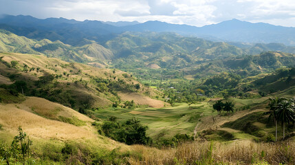 Obraz premium Mountain valley farmland scenic view, rural landscape