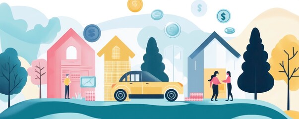 A vibrant illustration of a neighborhood featuring colorful houses, trees, a yellow car, and people socializing, embodying community and suburban life.