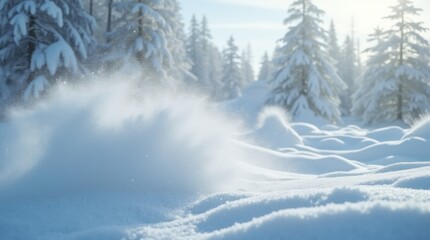 Fototapeta premium Dramatic scene of wind-blown snow swirling across a winter landscape