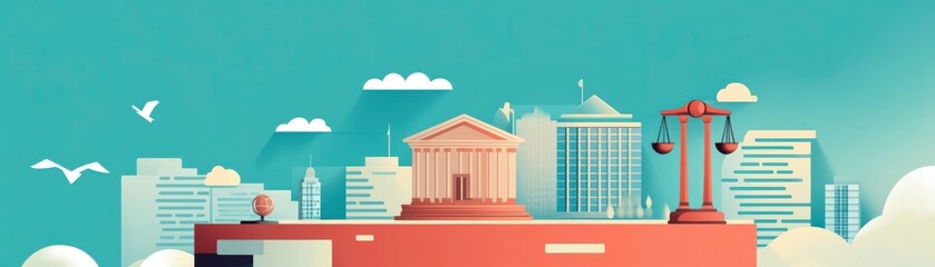 A vibrant illustration depicting a city skyline with a courthouse and scales of justice, symbolizing law, order, and civic engagement.