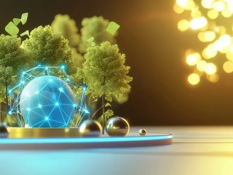 A futuristic scene featuring glowing elements, trees, and a sphere, symbolizing nature and technology in harmony.