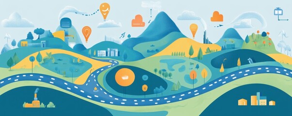 Naklejka premium A colorful, illustrated landscape featuring rolling hills, mountains, roads, and various landmarks, designed in a playful and modern style.