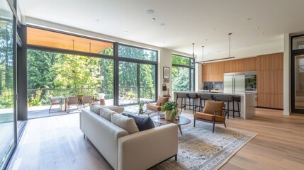 Fototapeta premium a spacious open-concept interior of a modern home, showcasing minimalist furniture and ample natural light.