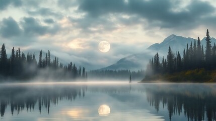 Fototapeta premium Misty Mountain Lake Under a Full Moon