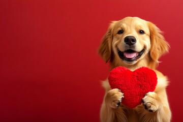 Promotion pattern. Cute golden retriever pooch with fluffy red heart - sign of love, funny greeting card. Golden retriever - my preferred dog. February love concepts. Red heart decorations.
