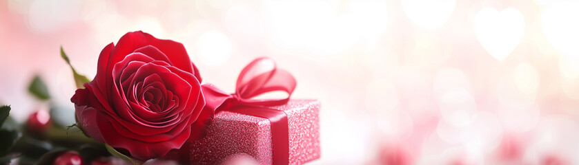 Valentine’s Day banner featuring a vibrant red rose and a wrapped gift against a bokeh light background, symbolizing love, romance, and celebration.