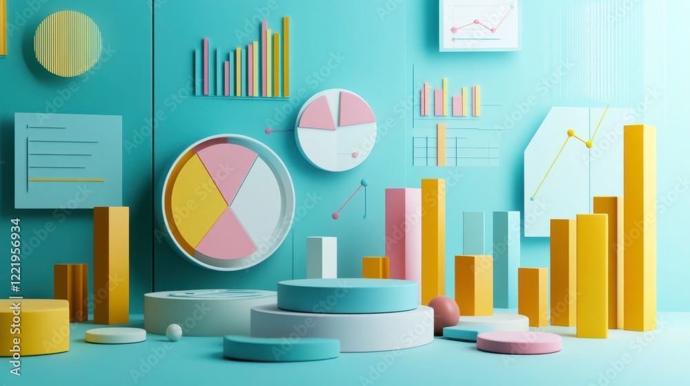 Poster a colorful 3d representation of graphs and charts, showcasing data visualization elements against a 