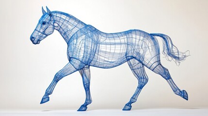 Blue Wireframe Horse Model in Dynamic Pose on Light Background