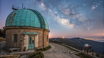 Obraz premium Weathered Stone Observatory Overlooking Valley at Twilight