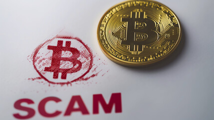 Red SCAM Text and Bitcoin Coin