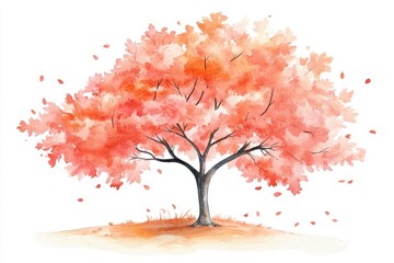 A vibrant watercolor illustration of a pink autumn tree, with falling leaves capturing the essence of nature's beauty during the fall season.