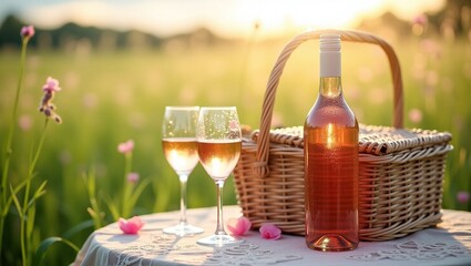 Enjoying rose wine picnic at sunset open field photography serene nature close-up relaxation