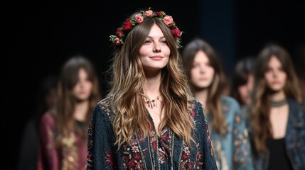Fototapeta premium Fashion show featuring floral crown models runway editorial photography urban setting close-up view bohemian style