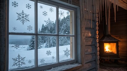 Cozy Rustic Cabin Interior with Wood-Burning Stove and Frosted Window Overlooking Winter Landscape