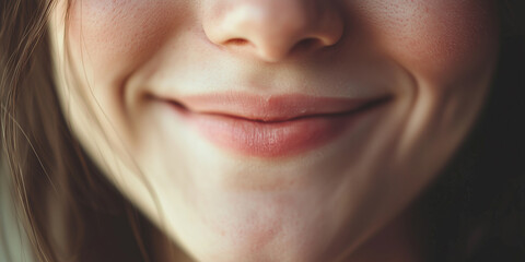 Obraz premium Close-Up Portrait of a Smiling Young Woman with Natural Makeup and Soft Lighting Capturing Genuine Expression of Happiness and Joy