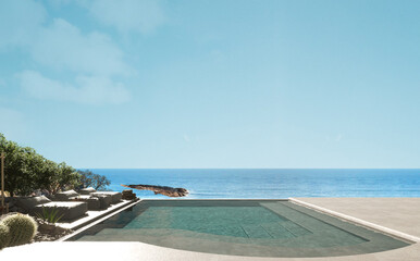 Pool in the tropical resort in summer and sea view background