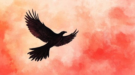 Fototapeta premium Black bird soaring against vibrant gradient background of orange and pink hues illustrating freedom and beauty