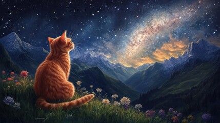 Orange cat gazing at Milky Way over majestic mountains