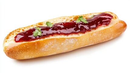 Fresh Baguette with Butter and Jam on White Background