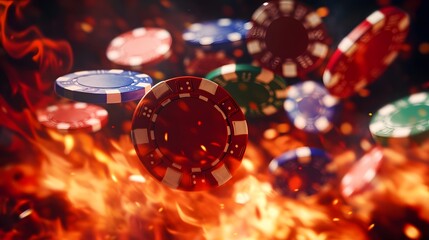 flying casino poker chips, on a fire background, generative ai