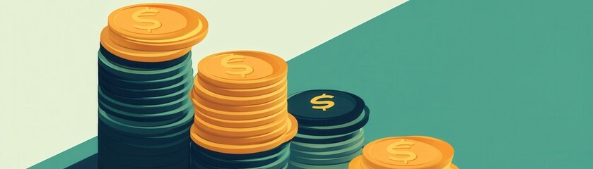 A stack of colorful coins with varying heights, symbolizing wealth and financial growth against a simple background.