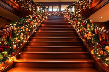 Wooden stairs decorated for christmas