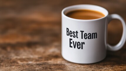 A white coffee mug with "Best Team Ever" printed displays a warm beverage, resting on a rustic wooden surface.