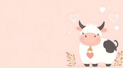 Cute and cheerful smiling cow with heart shaped bell in a flat design This whimsical and adorable animal graphic can be used for various purposes such as Valentine s Day love romance or as a simple
